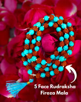 Rudra divine 5 face rudraksha mala with turquoise mala original certified 108+1 beads turquoise stone necklace for men 7mm bead size firoza stone mala original certified