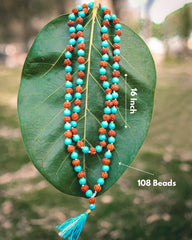Rudra divine 5 face rudraksha mala with turquoise mala original certified 108+1 beads turquoise stone necklace for men 7mm bead size firoza stone mala original certified
