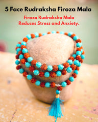 Rudra divine 5 face rudraksha mala with turquoise mala original certified 108+1 beads turquoise stone necklace for men 7mm bead size firoza stone mala original certified