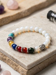 7 Chakra Stone Bracelet with White Turquoise – 8mm Round Smooth Cut Beads, Stretchable Yoga & Healing Energy Bracelet