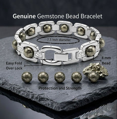 Pyrite Stone Bracelet for Confidence & Protection | Natural Wealth Crystal in Stainless Steel Link Design