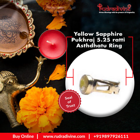 Certified Yellow Sapphire Pukhraj 5.25ratti Asthdhatu Astrology Ring