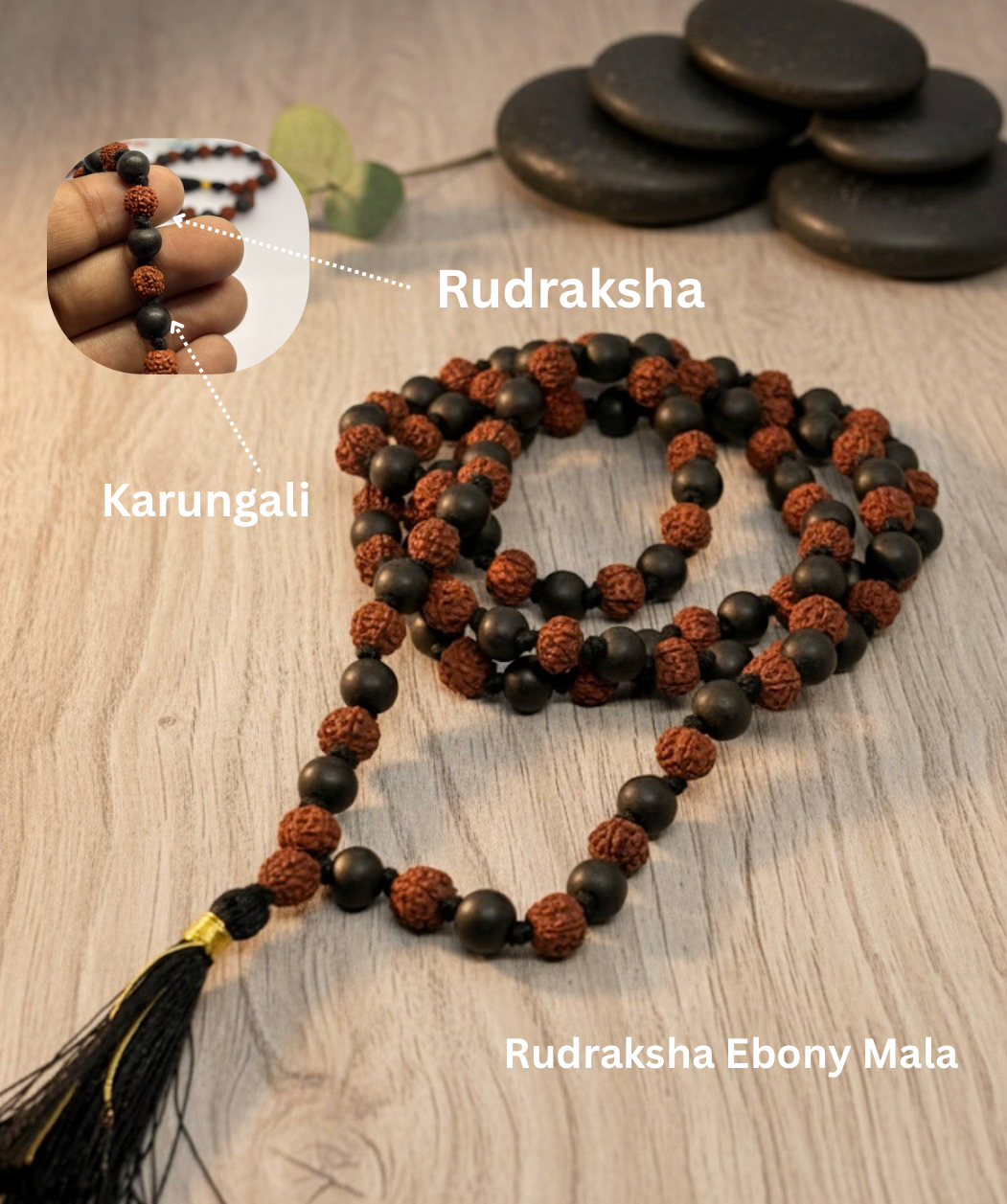 RUDRADIVINE Rudraksha and Ebony Karungali Beads Mala, Brown, Natural, Spiritual Protection Necklace for Men & Women, Meditation, Yoga, Puja