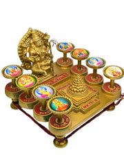 Beautiful Brass Ashtavaibhav Lakshmi Yantra Chowki with Meru Shree Yantra, 8 Devi Pillars.