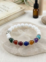 7 Chakra Stone Bracelet with White Turquoise – 8mm Round Smooth Cut Beads, Stretchable Yoga & Healing Energy Bracelet