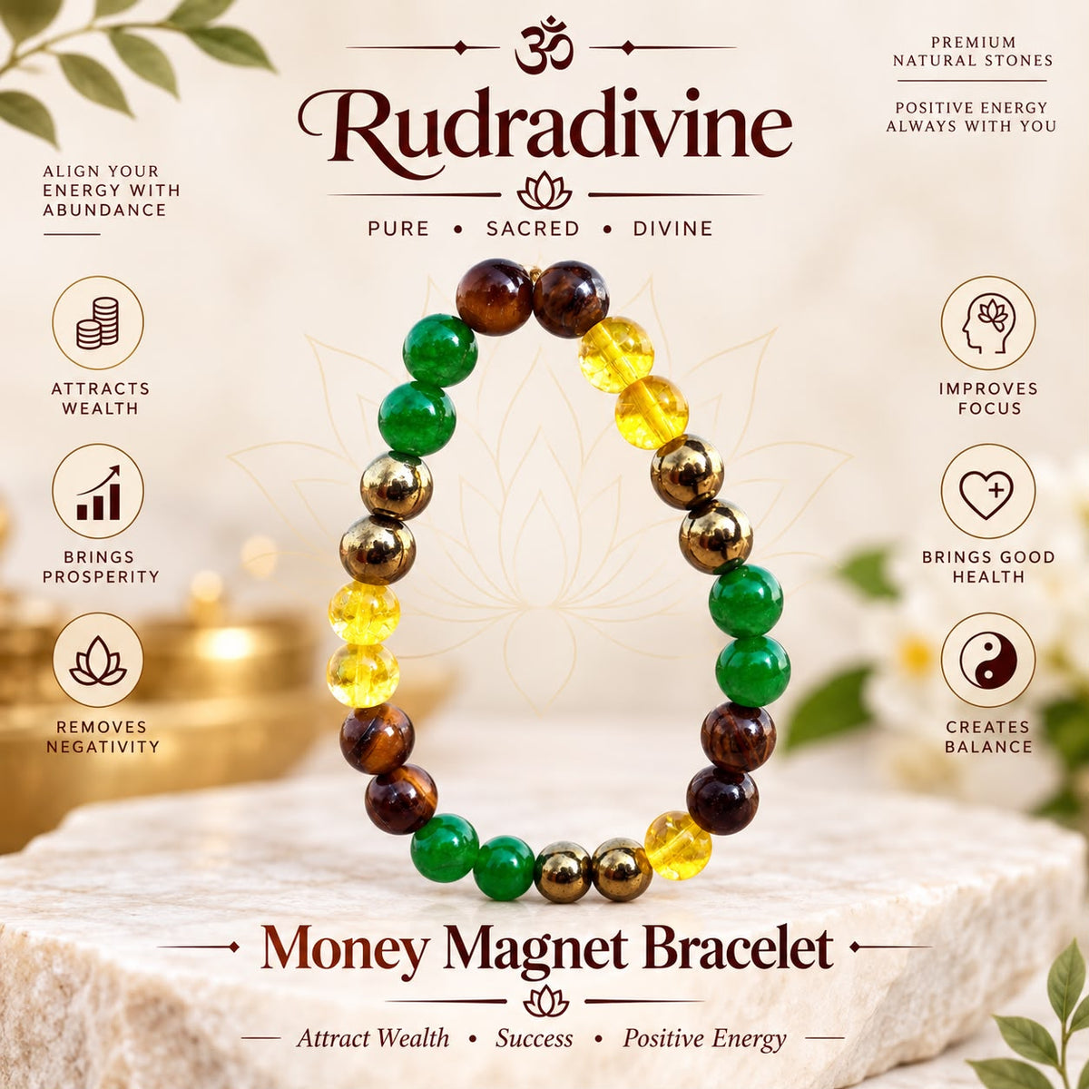 Rudra divine Money Magnet Bracelet, Pyrite Tiger Eye Green Aventurine Citrine Wealth Bracelet 8 mm beads ergized by Rudra divine For Unisex Adultads