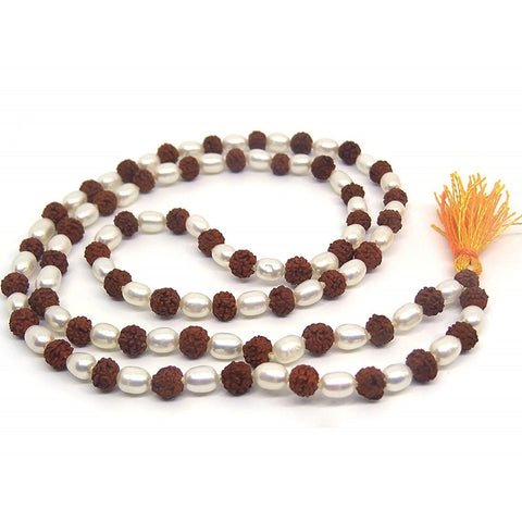Natural Rudraksha & Pearl Mala 7 mm Beads