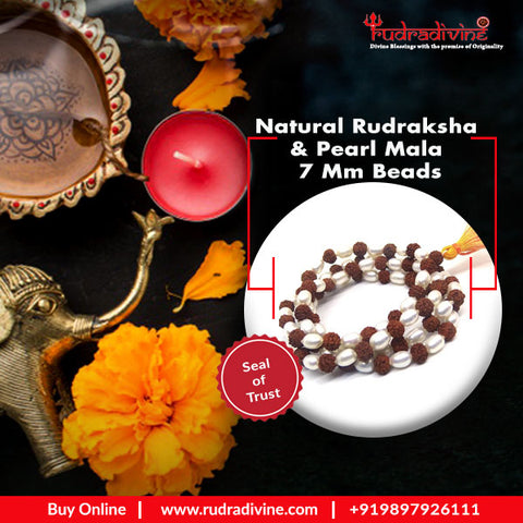 Natural Rudraksha & Pearl Mala 7 mm Beads